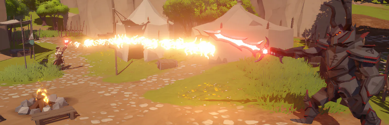 Dominus Automa key art: a mage casting fire at an armoured knight
