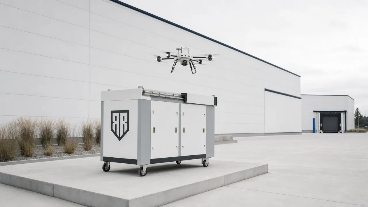 REAKTO drone hovering over its docking station outside a logistics hall